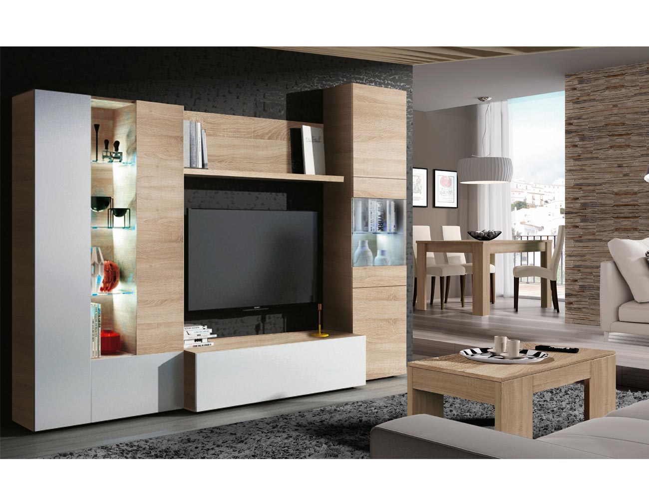 Mueble de salón comedor modular en blanco con roble y luces leds Mueble de salón comedor modular en blanco con roble y luces leds