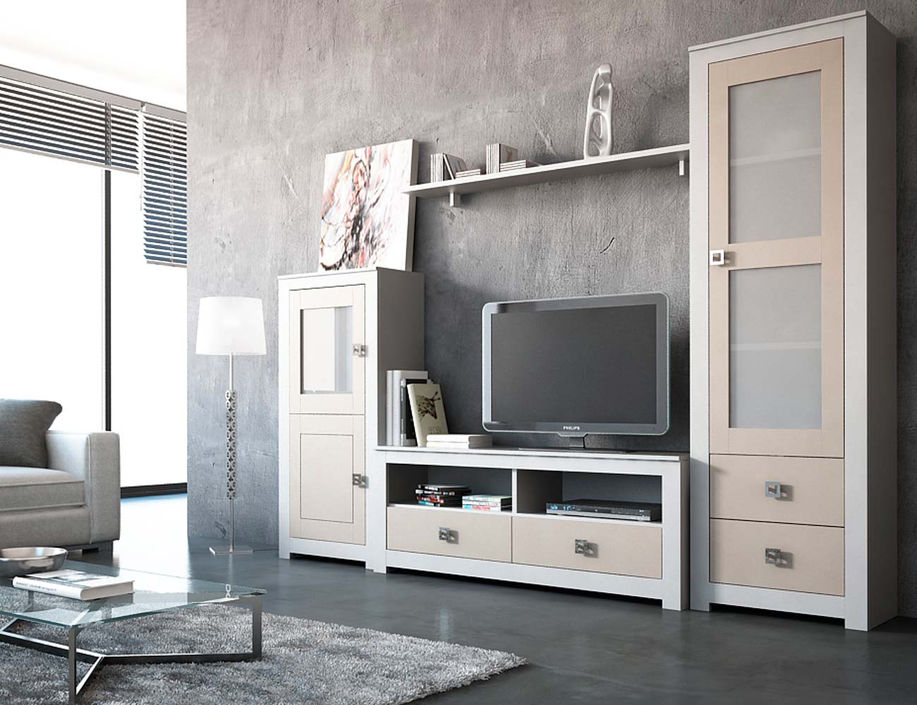 Mueble de salón modular lacado en blanco con piedra en madera Dm (7070 ... - 2 Mueble Salon MoDular LacaDo Blanco PieDra MaDera Dm