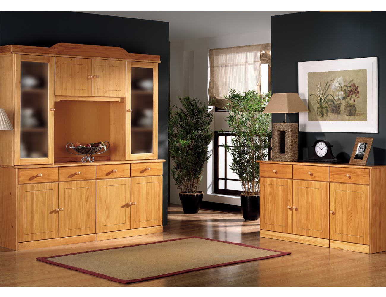 Muebles de salón comedor con estantería enmadera de pino color miel Muebles de salón comedor con estantería enmadera de pino color miel