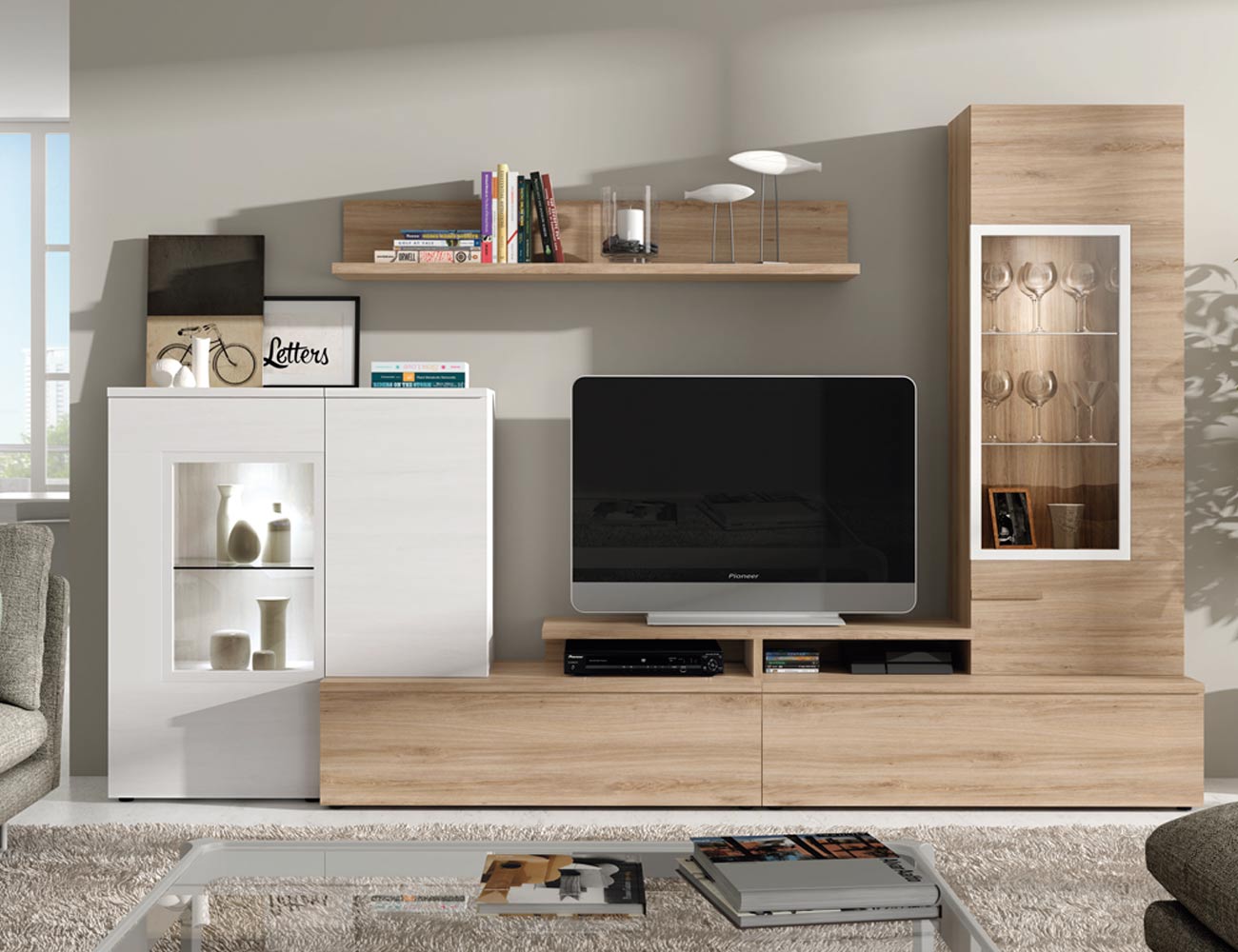 607 mueble salon comedor roble natural polar focos leds1 607 mueble salon comedor roble natural polar focos leds1