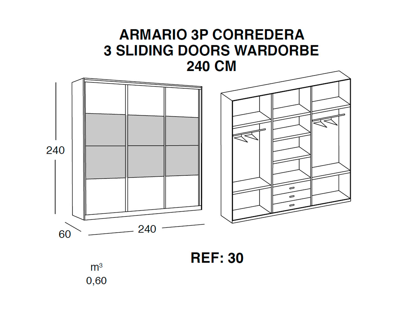 Amario 3 puertas correderas 240 cm detalle