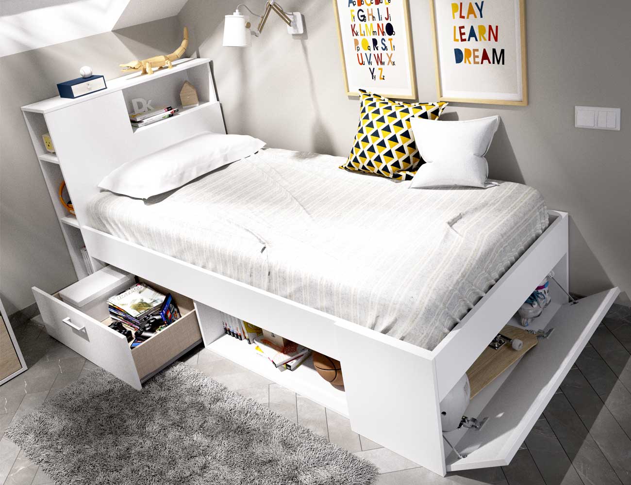 Cama compacta blanca con almacenaje (34641)