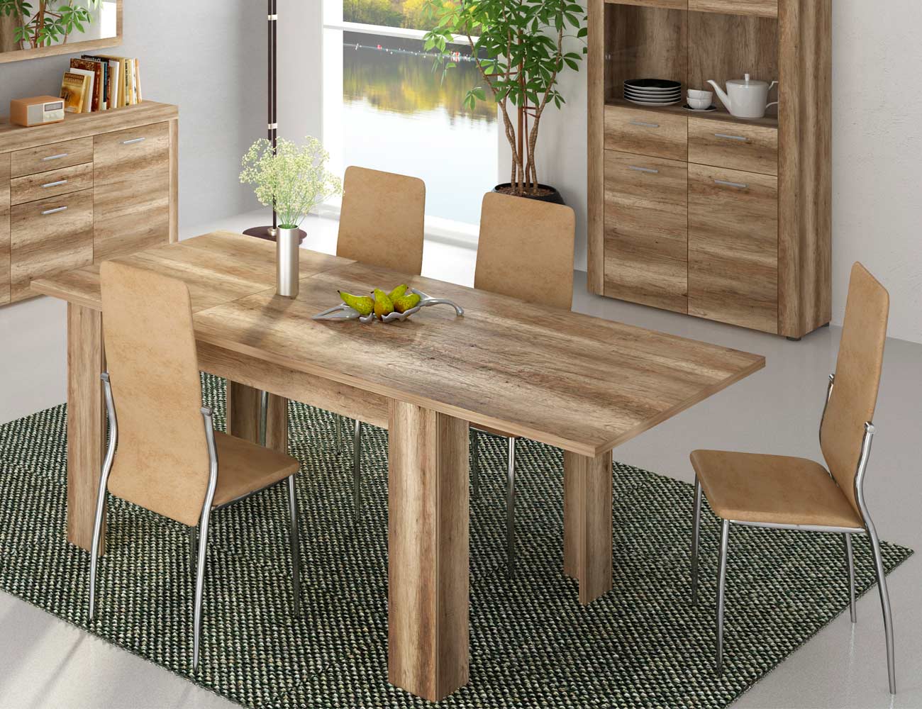 Conjunto mesa comedor extensible color cañon 4 sillas tapizada tela jarama beig