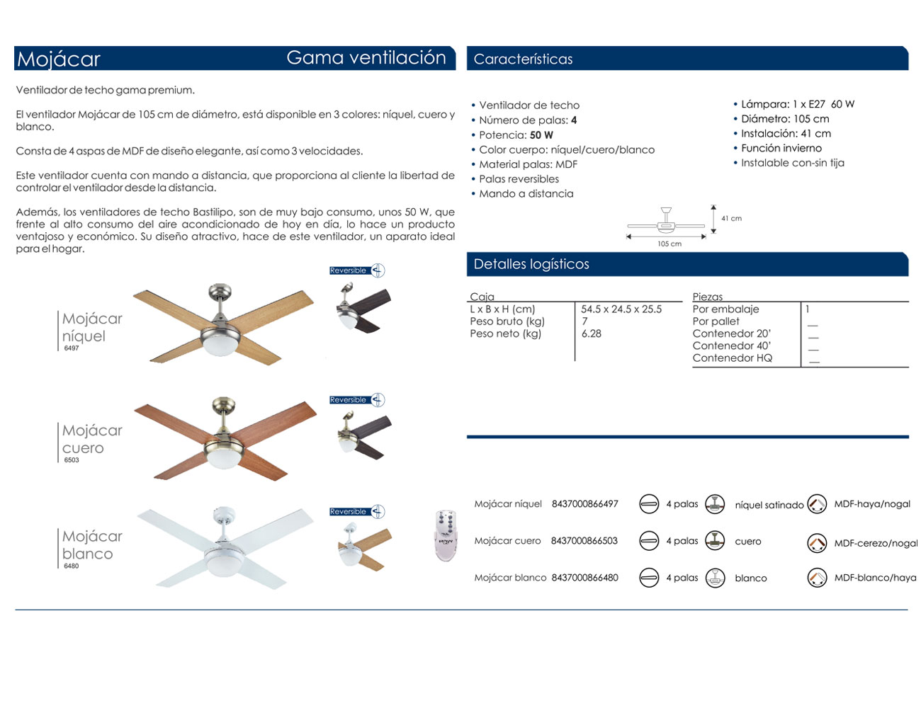 Ventilador de techo Mojacar Cuero con luces y mando a distancia (29811