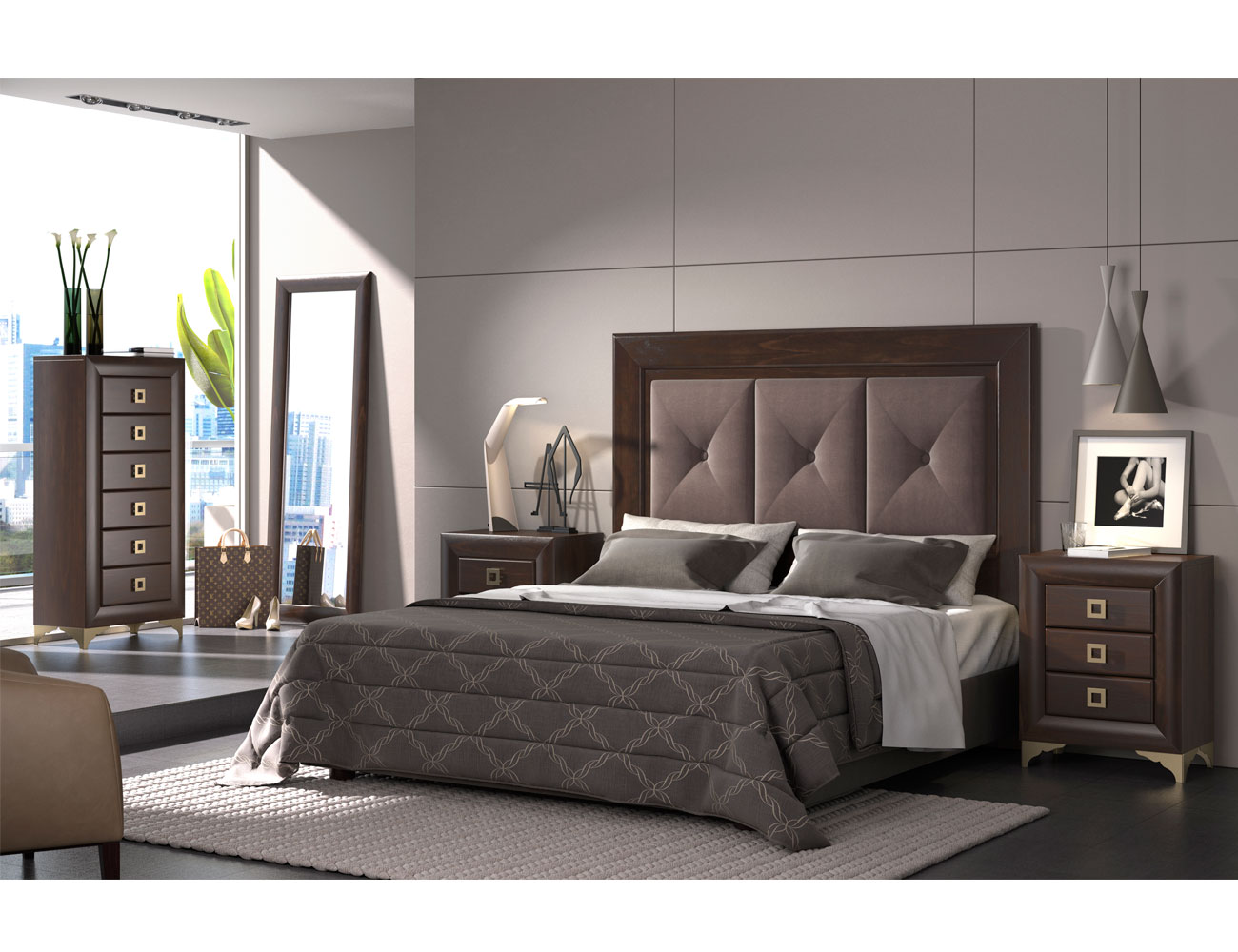Dormitorio de matrimonio con cabecero tapizado en color nogal en madera