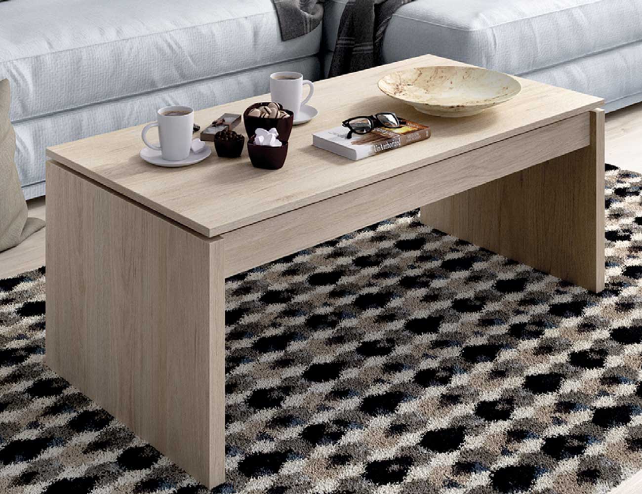 Mesa de centro elevable nórdica con huecos en natural con blanco brillo  (33119)