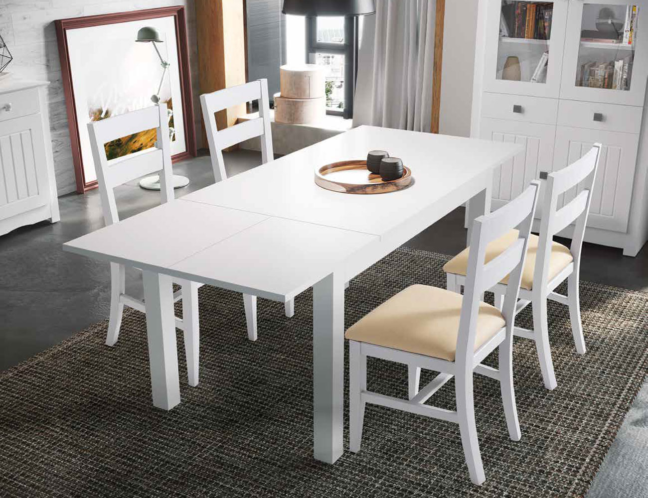 Mesa de comedor extensible de madera en color blanco lacado (36664)