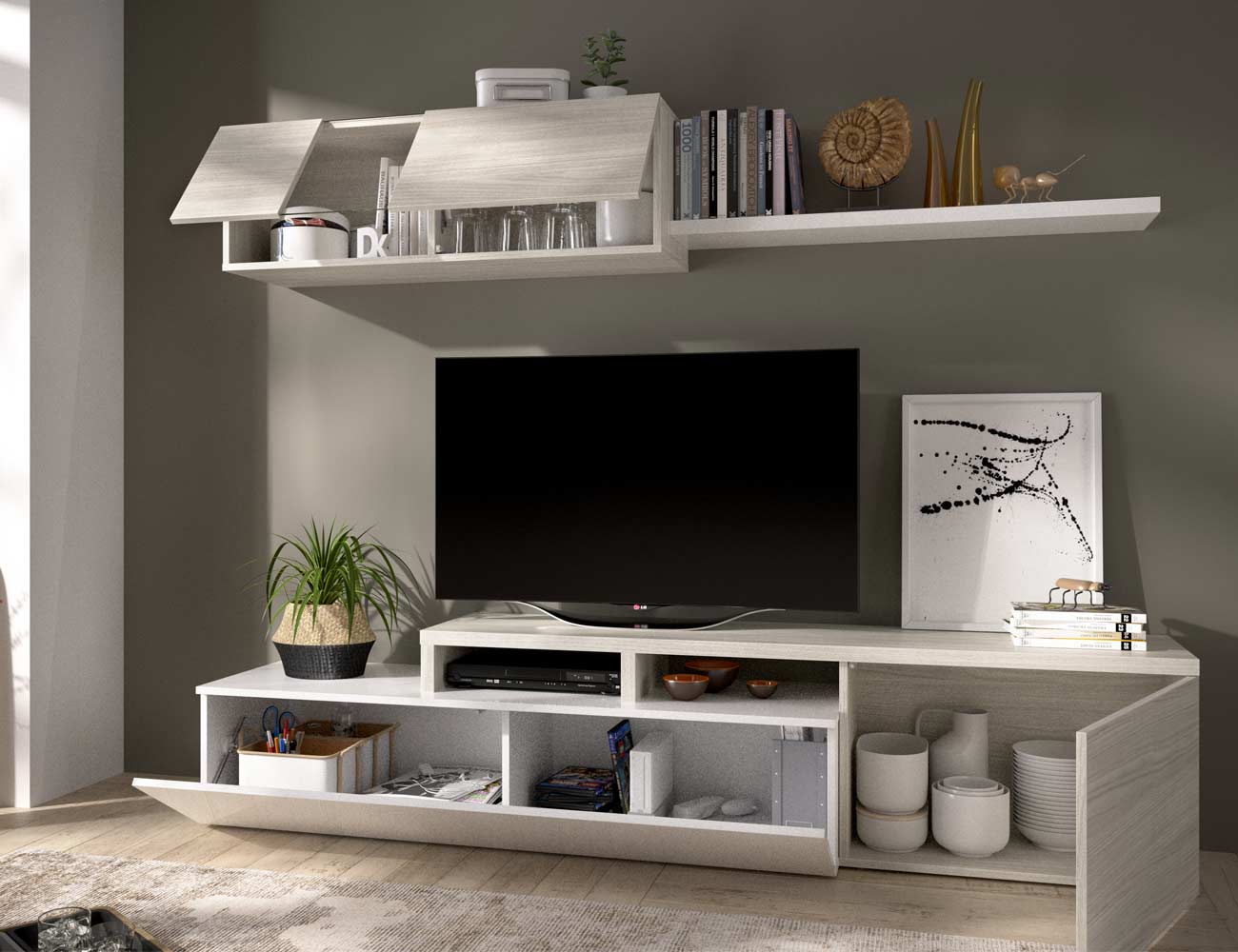 Mueble de salón moderno en gris con blanco brillo (30145) | Factory del