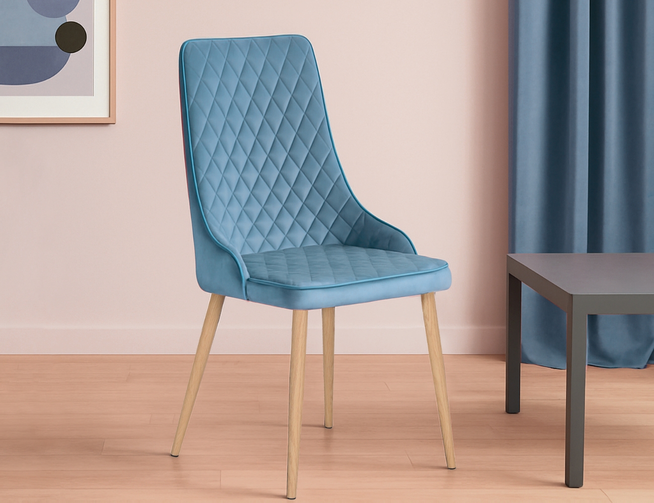 Silla imperial velvet azul patas metal efecto madera1