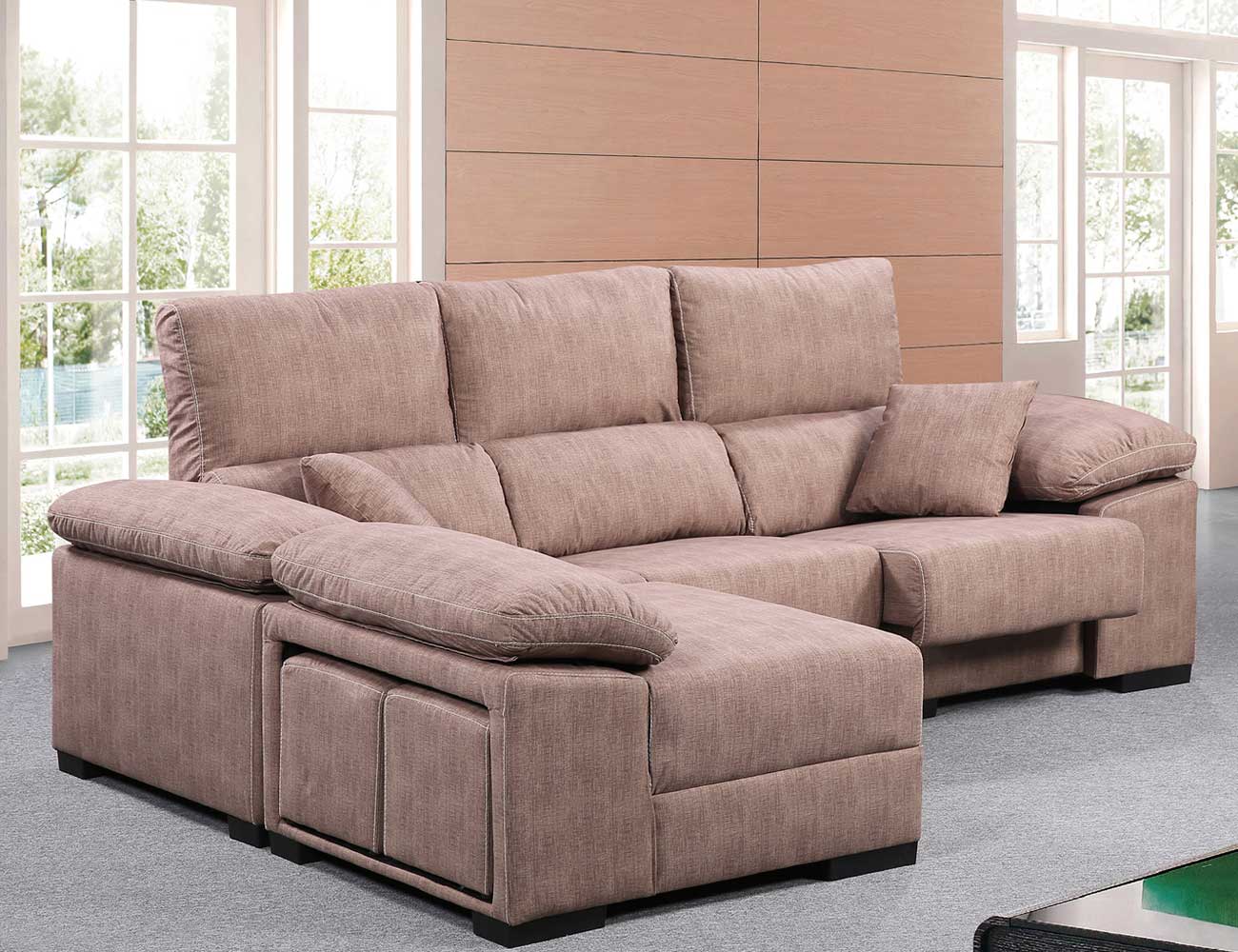 Sofá chaiselongue reversible con asientos extraíbles y cabezales