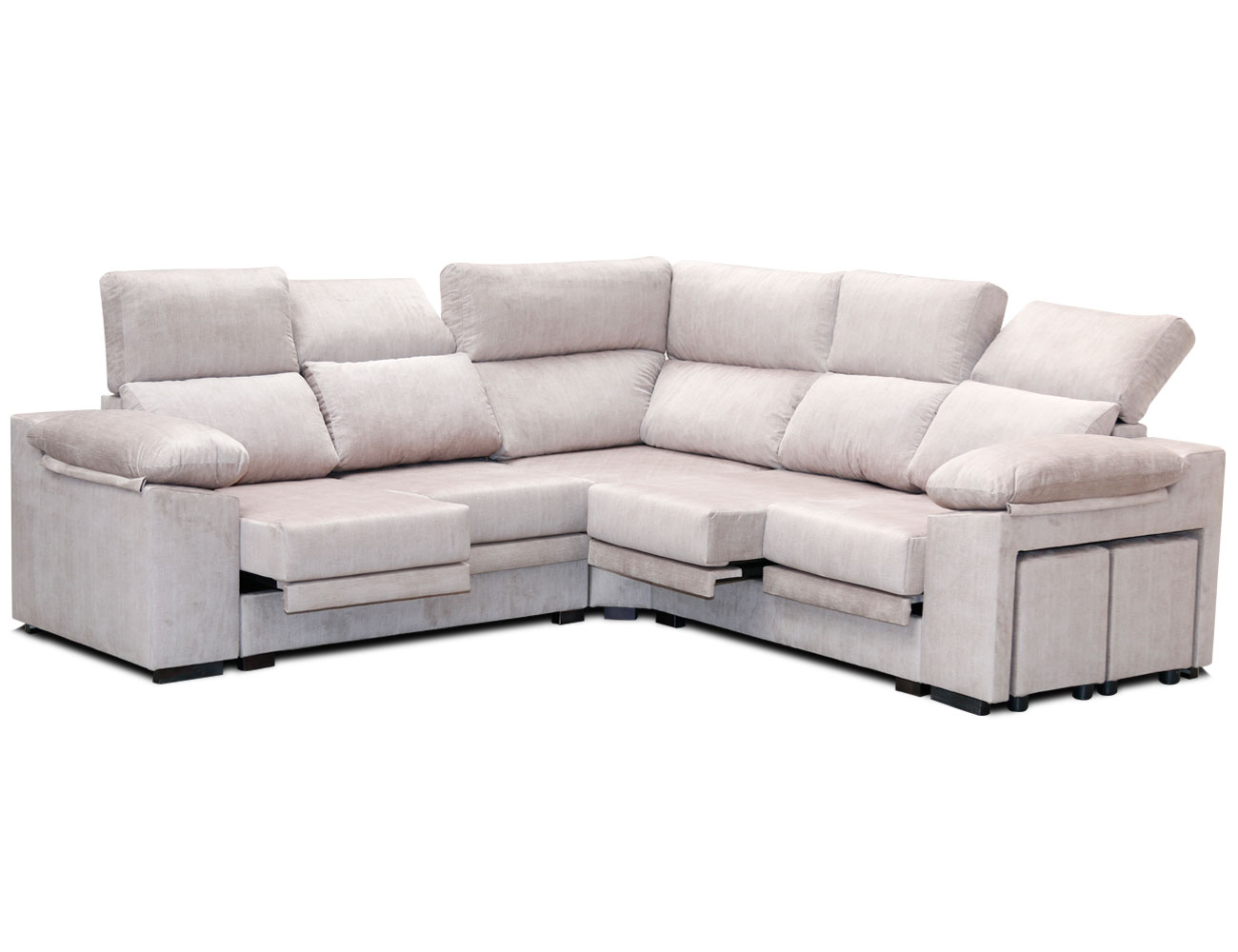 Sofá rinconera con asientos extraibles, respaldos reclinables y puffs