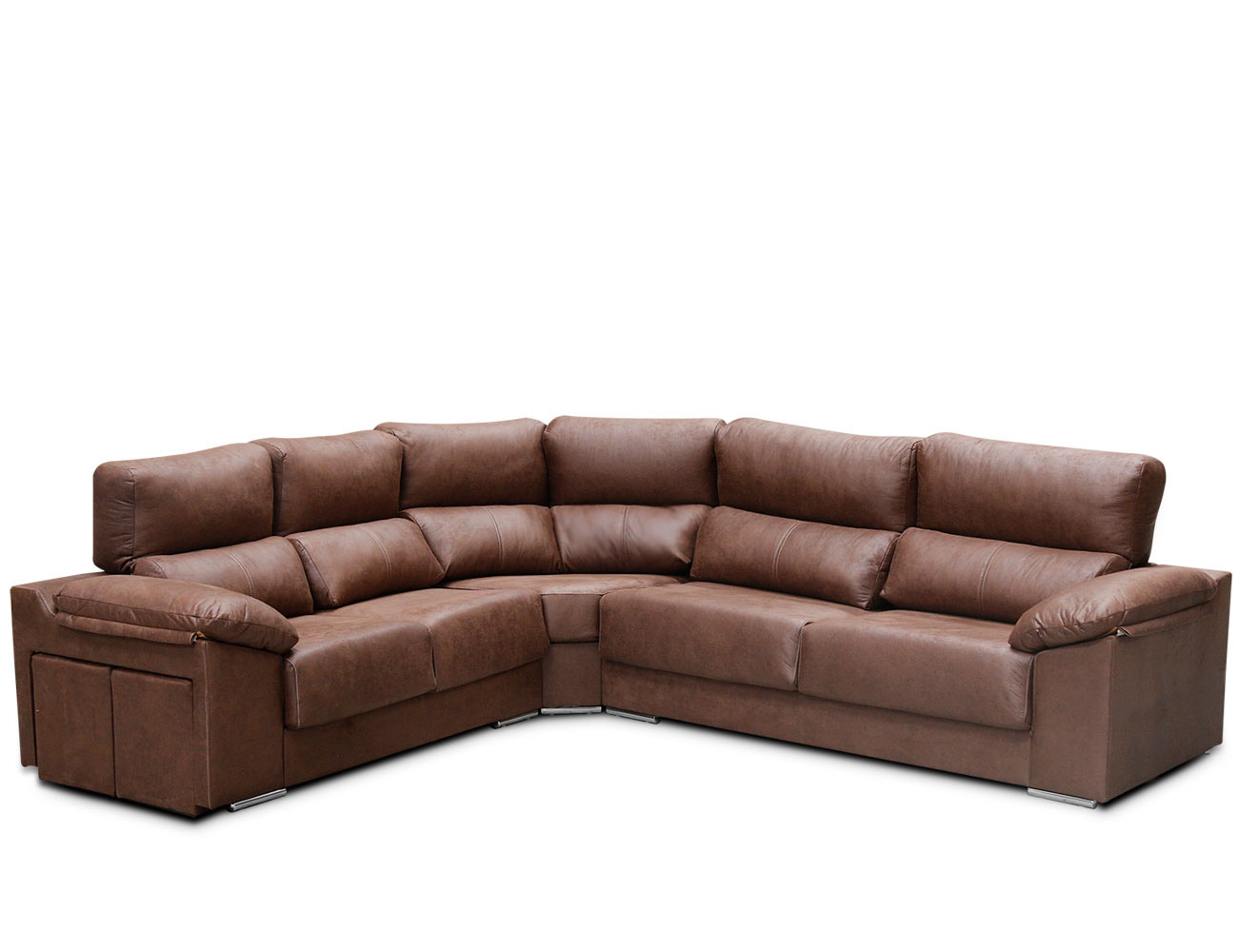 Sofá Rinconera Chaiselongue con tejido anti manchas y puffs en el brazo