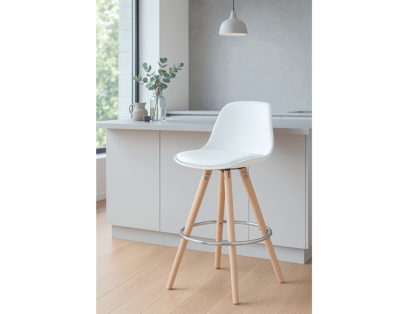 Taburete polipropileno blanco patas madera macizas