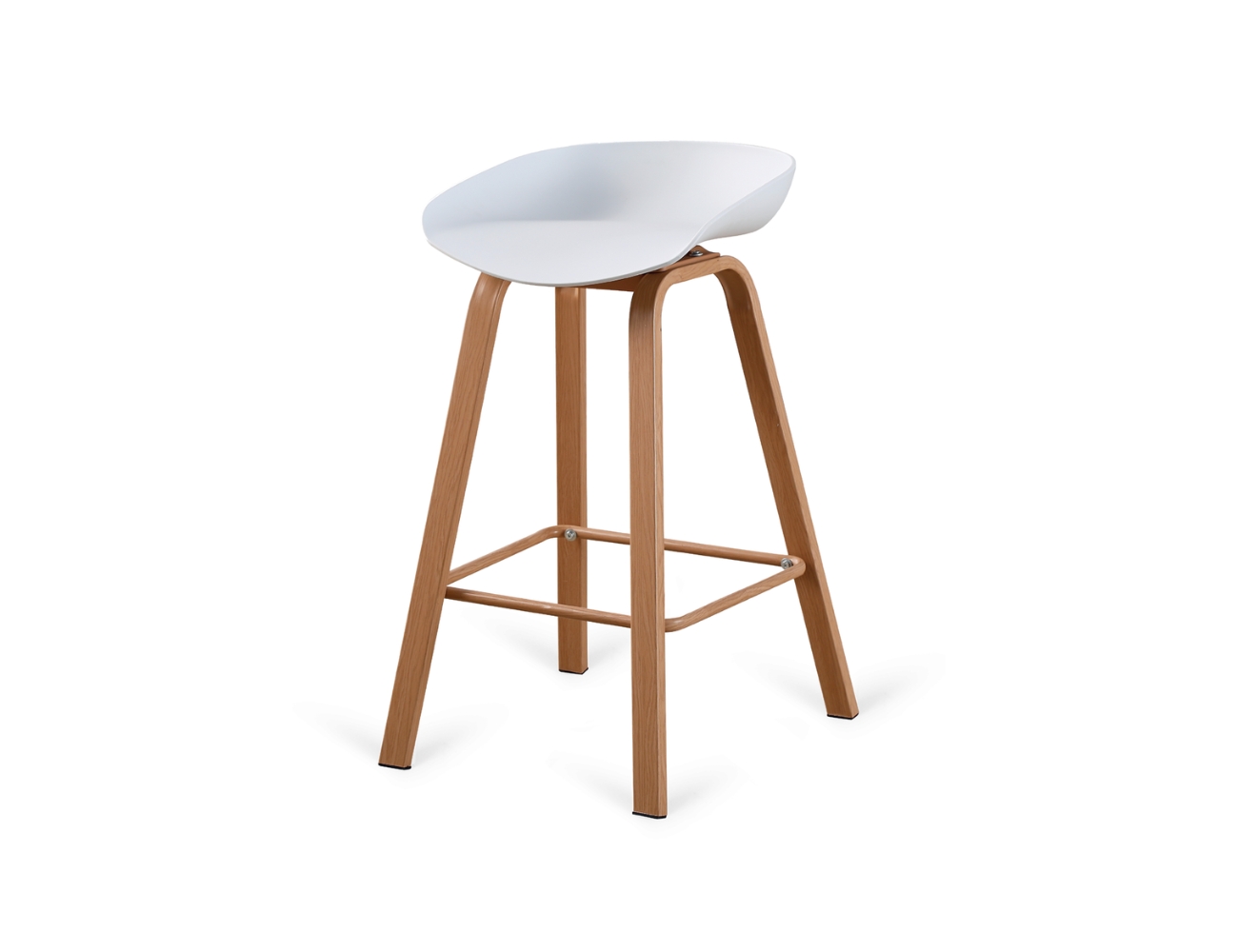 Taburete polipropileno blanco patas metalicas madera