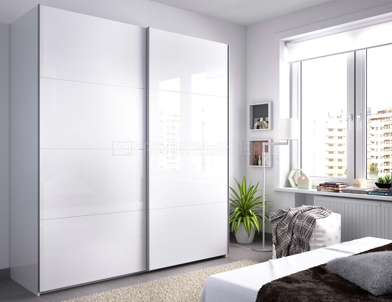 Armario con dos puertas correderas y tres baldas, color blanco brillo,  Medidas 120 x 200 x 50 cm