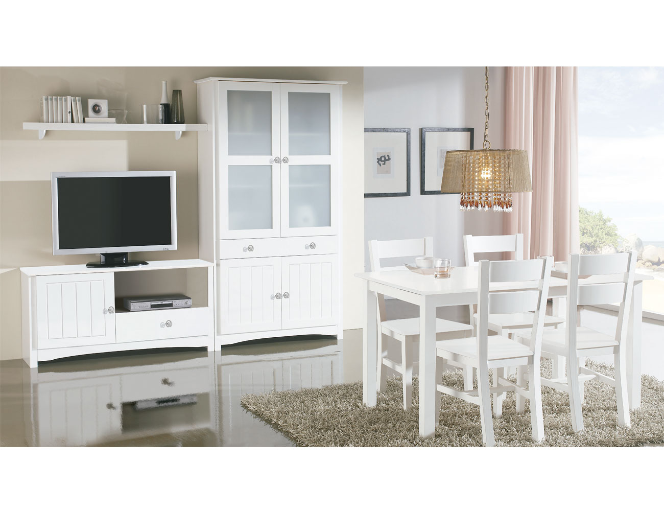 Salón comedor con vitrina y mueble TV en madera color blanco lacado ... - Apilable5 Mueble Salon ComeDor Vitrina Tv Blanco LacaDo