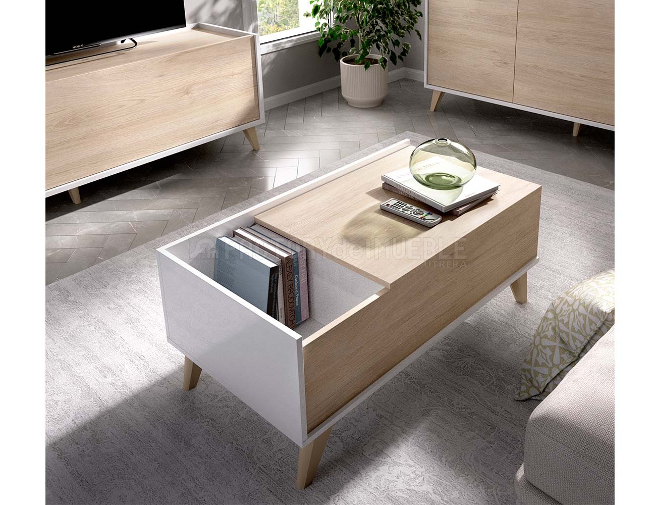 Mesa de centro elevable nórdica con huecos en natural con blanco brillo  (33119)