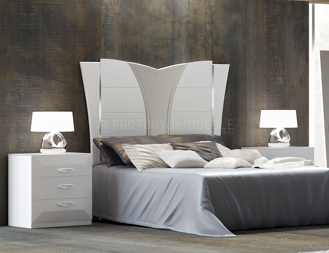 Dormitorio compuesto por: Cabecero blanco molduras cava. Mesita blanca.
