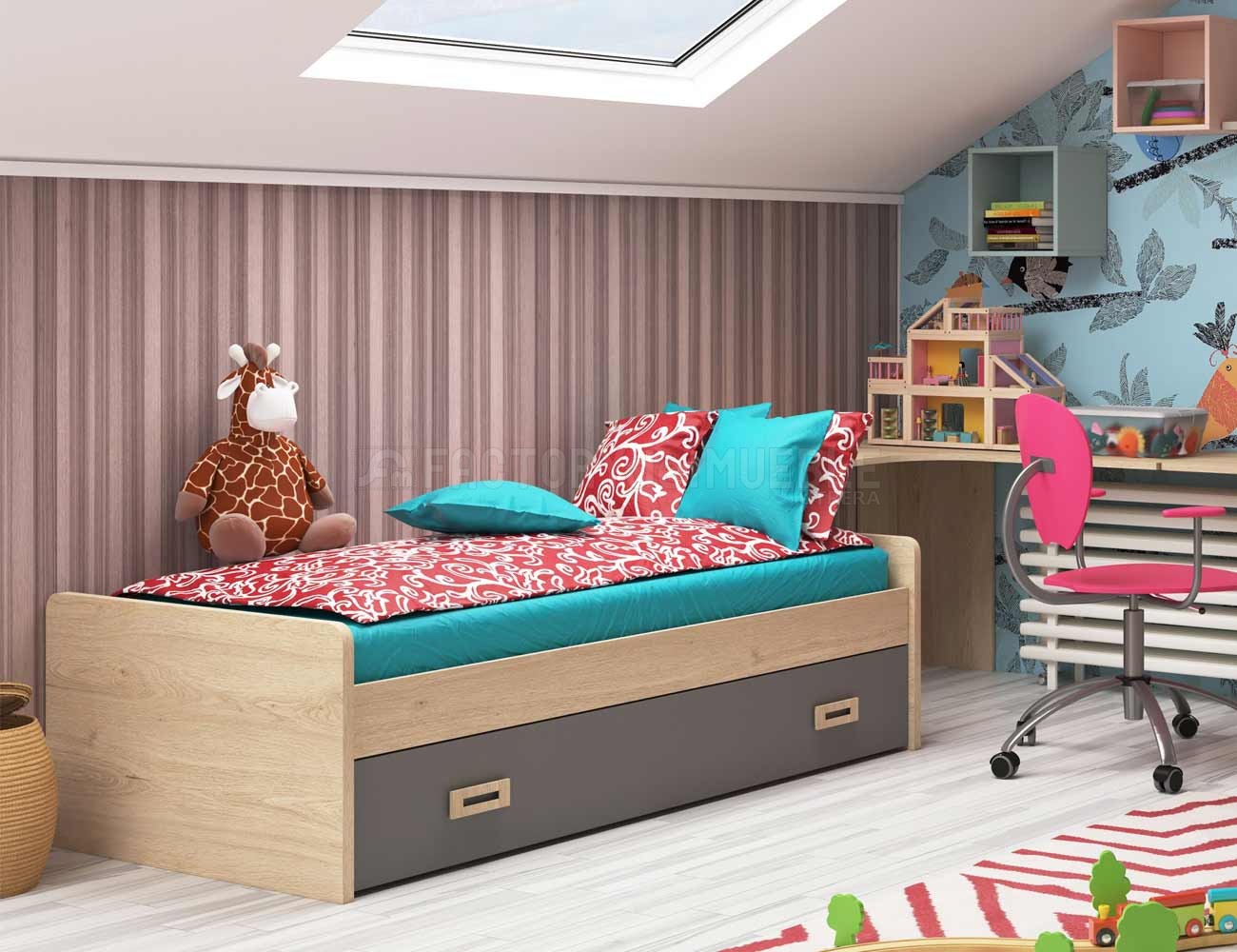 Dormitorio juvenil con Cama nido, armarios y escritorio (34114