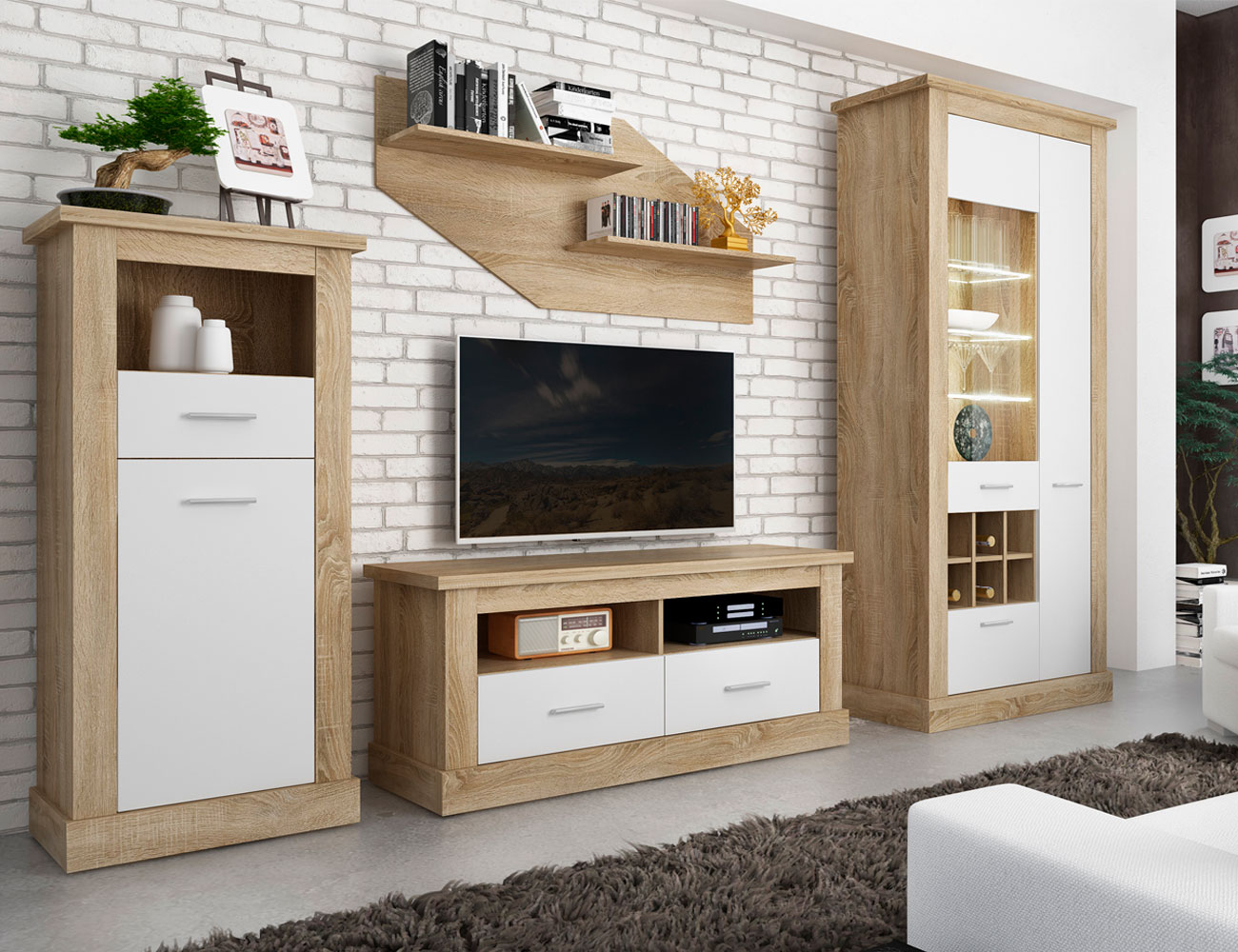 Mueble salón blanco de lineas rectas y zonas de almacenamiento - Hermógenes