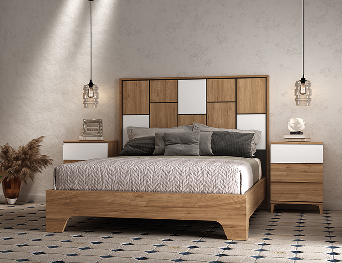 Muebles Dormitorio Matrimonio Completo Color Blanco y Cemento (Cama +  cabecero + cómoda + Armario) SOMIER Incluido