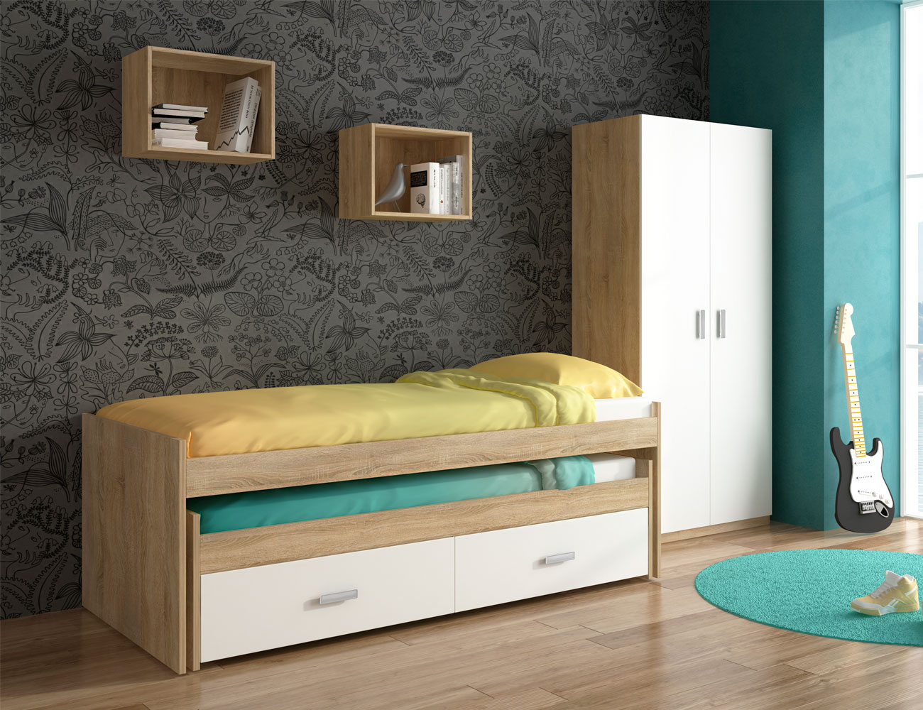 Dormitorio juvenil armario cama compacto cajonera cambrian blanco