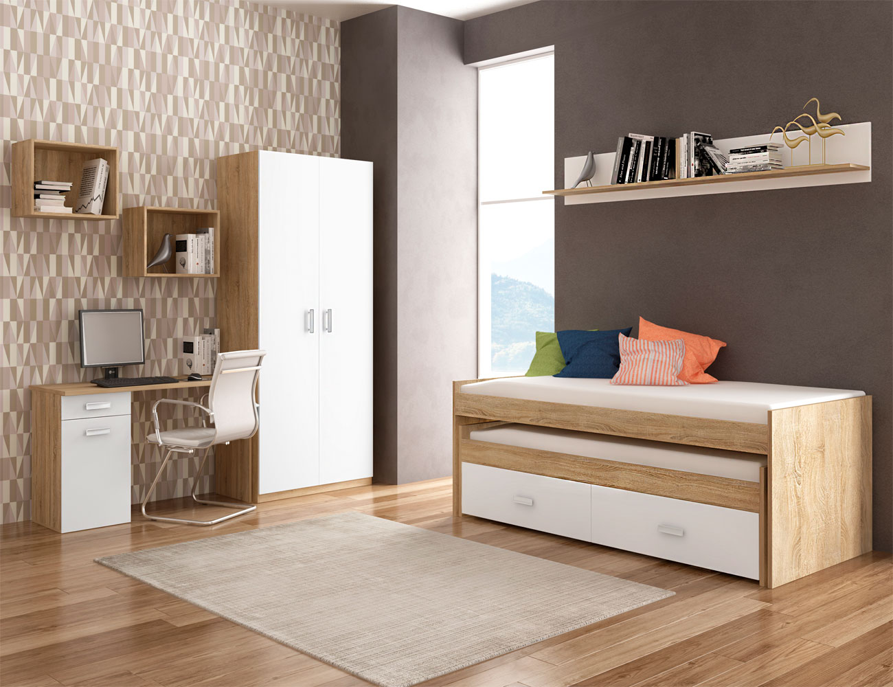 Dormitorio juvenil armario cama compacto cajonera escritorio cambrian blanco