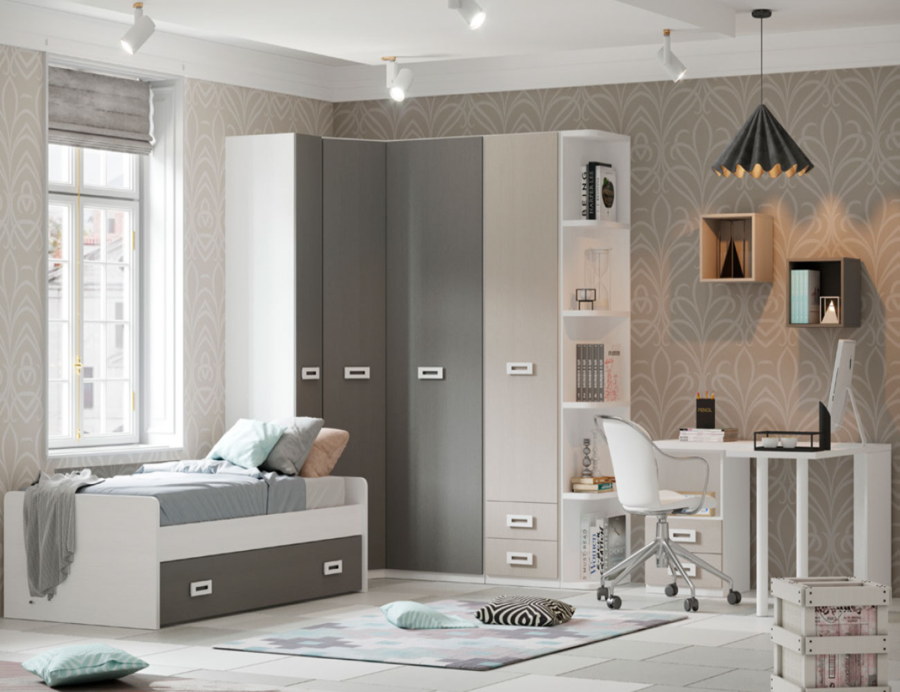 Dormitorio juvenil con cama compacta, armario y escritorio (36520)