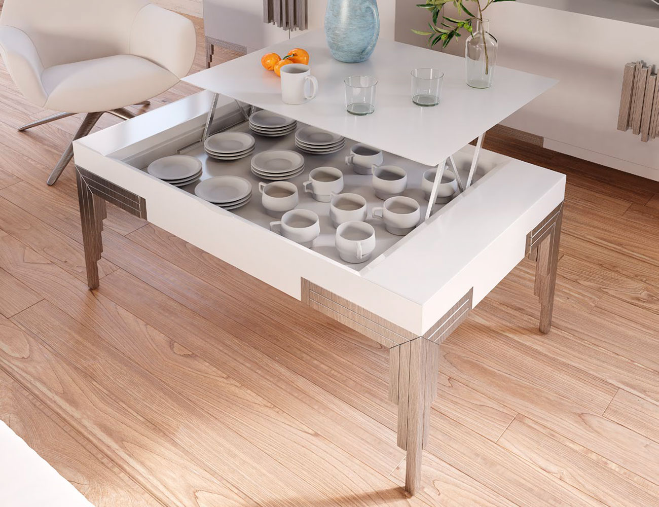 Salón BIANCA completo: mesa de centro, mueble TV, vitrina, cómoda