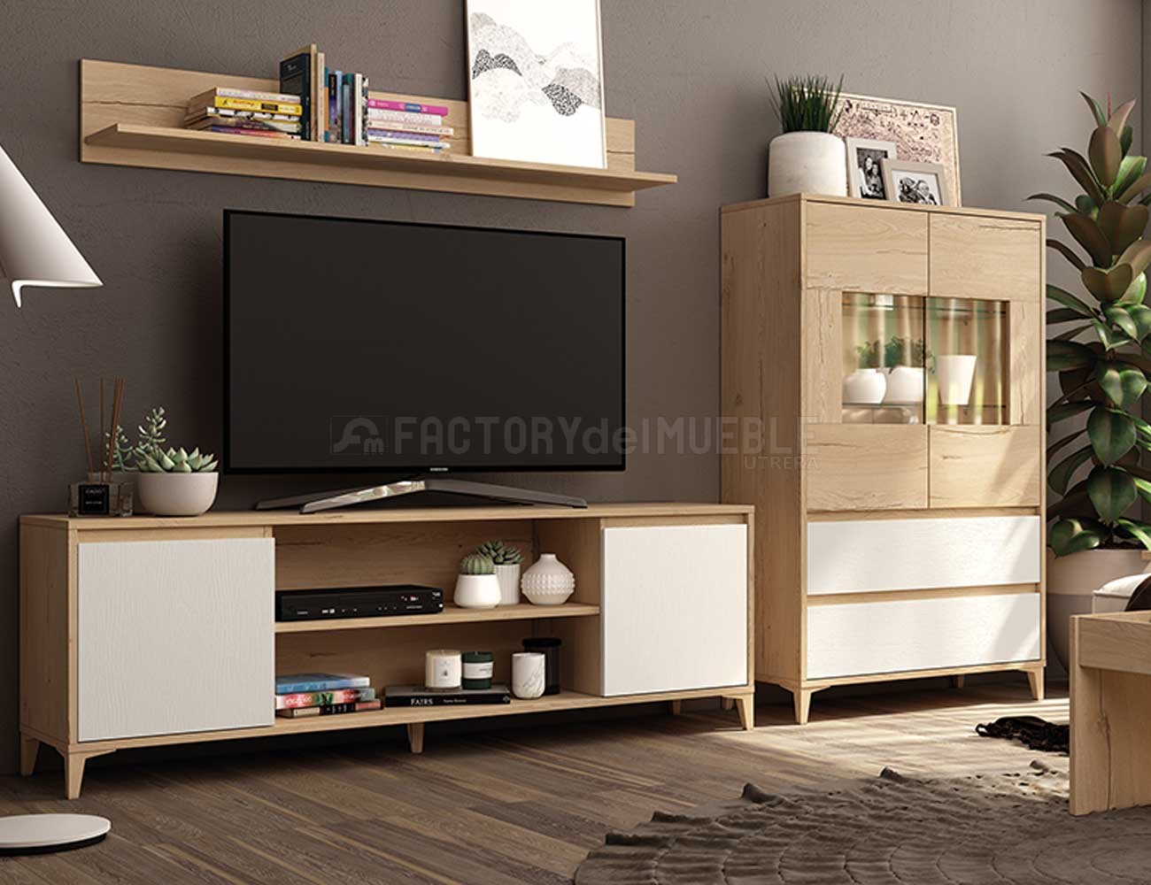 Mueble de salón moderno con bajo tv y vitrina (35046)
