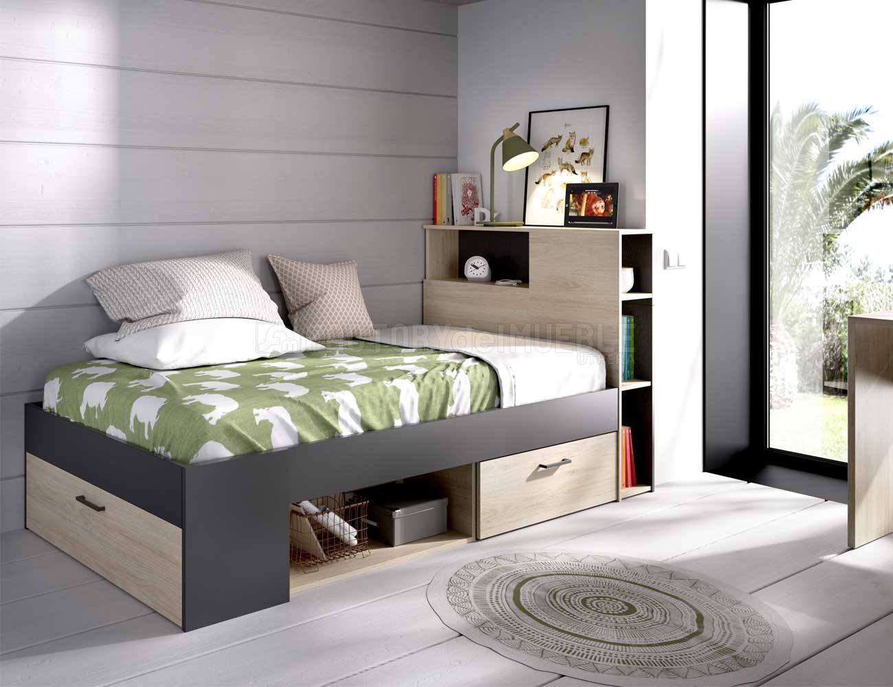 Cama compacta natural/grafito con almacenaje (34642)