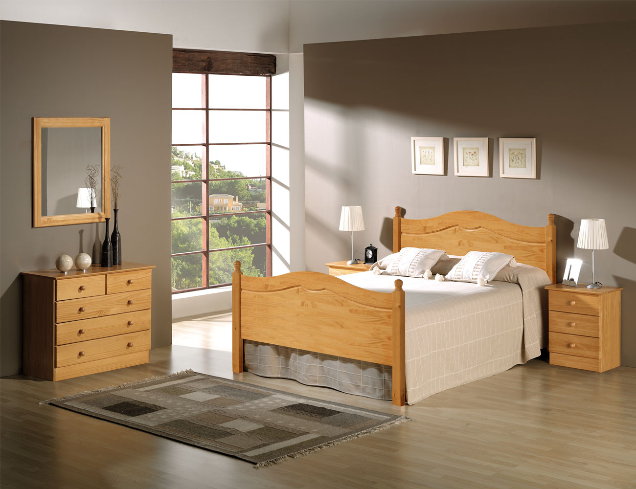 Cama litera dormitorio juvenil en madera color miel con somieres de