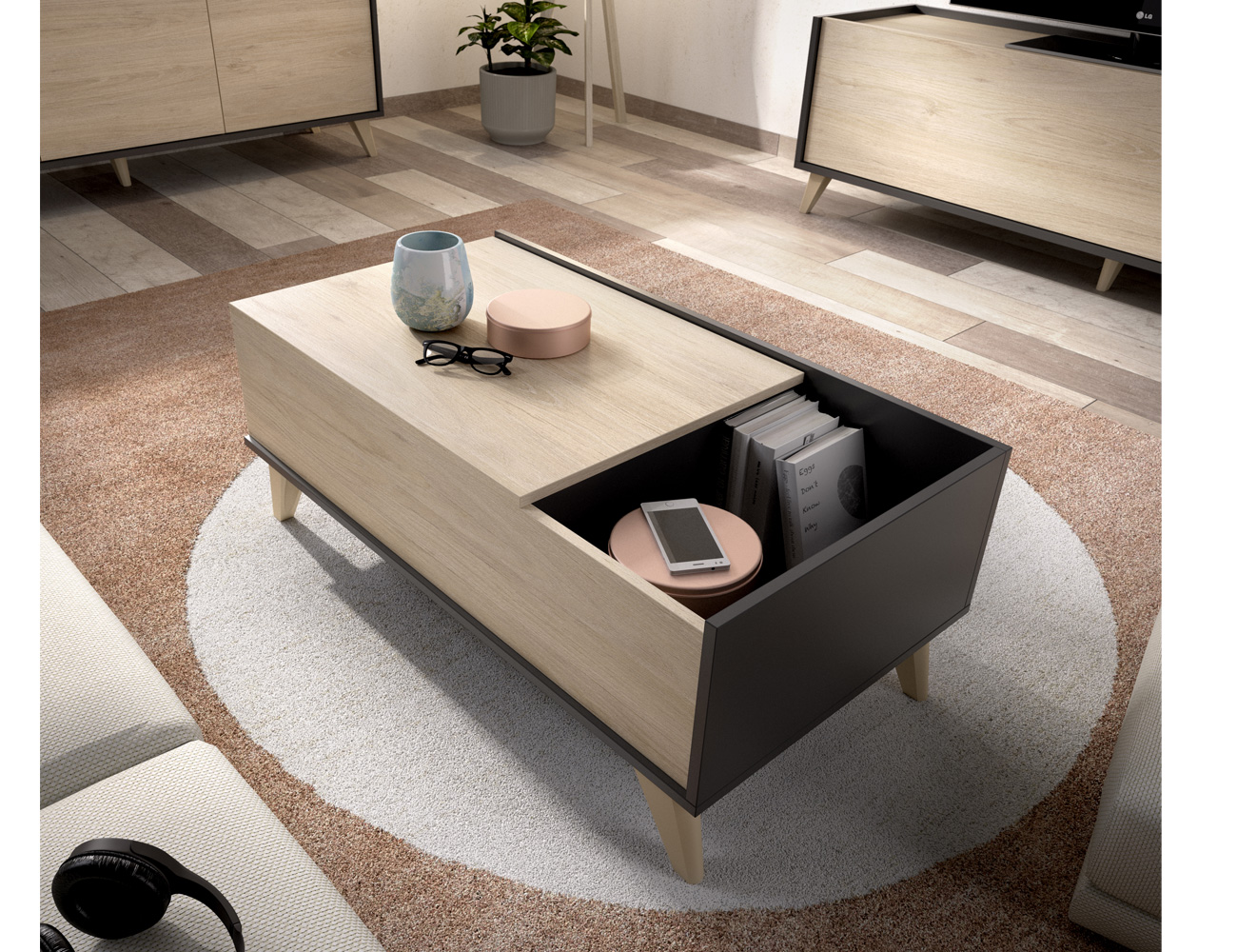 Mesa de centro elevable nórdica con huecos en natural con grafito