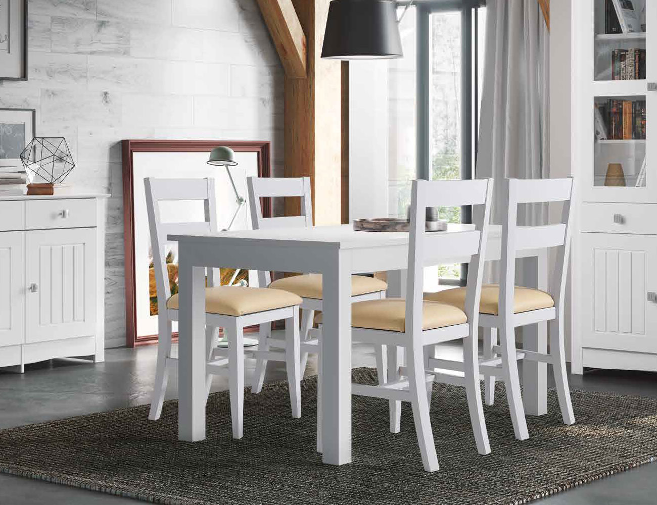 Mesa de comedor extensible de madera en color blanco lacado (36664)