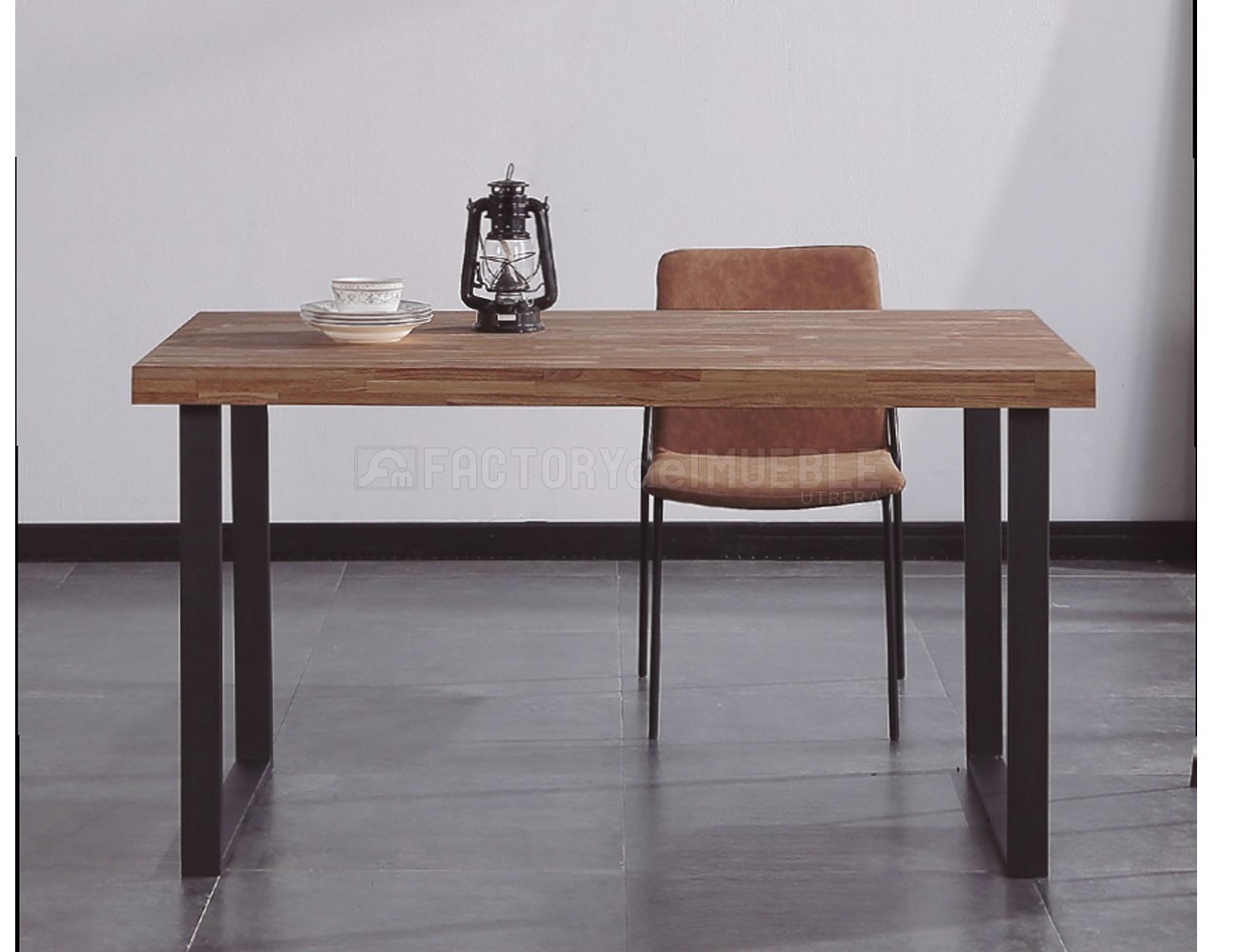 Mesa comedor natural-negro madera-hierro 140 x 140 x 77 cm