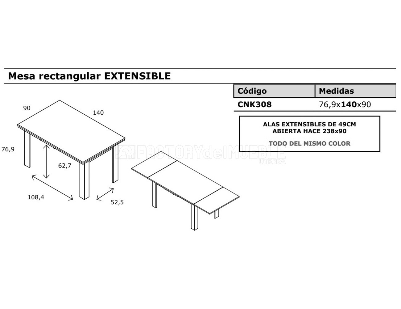 Mesa rectangular extensible