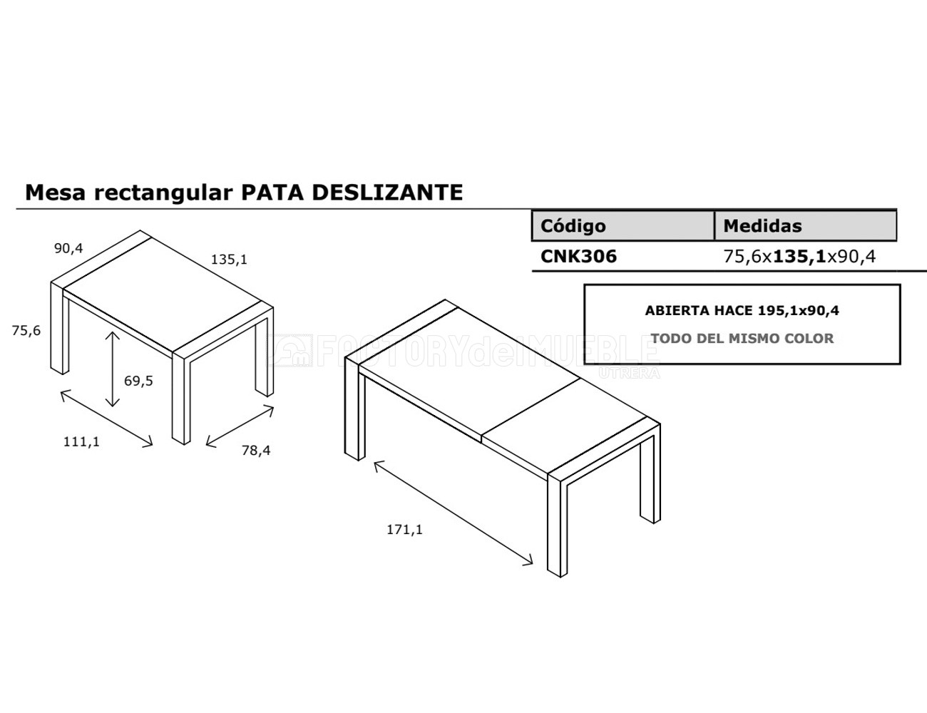 Mesa rectangular pata deslizante