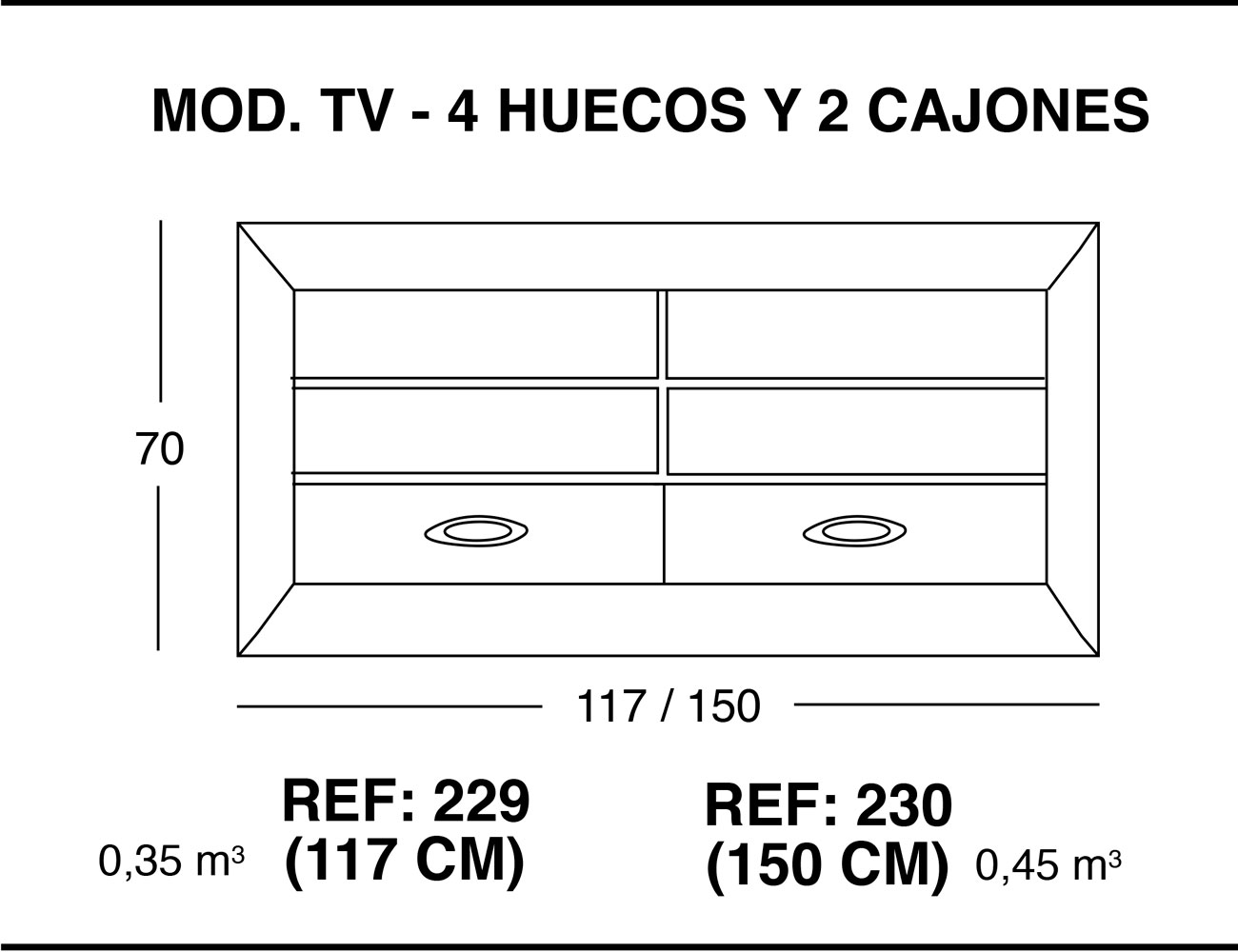 Modulo tv 4 huecos 2 cajones