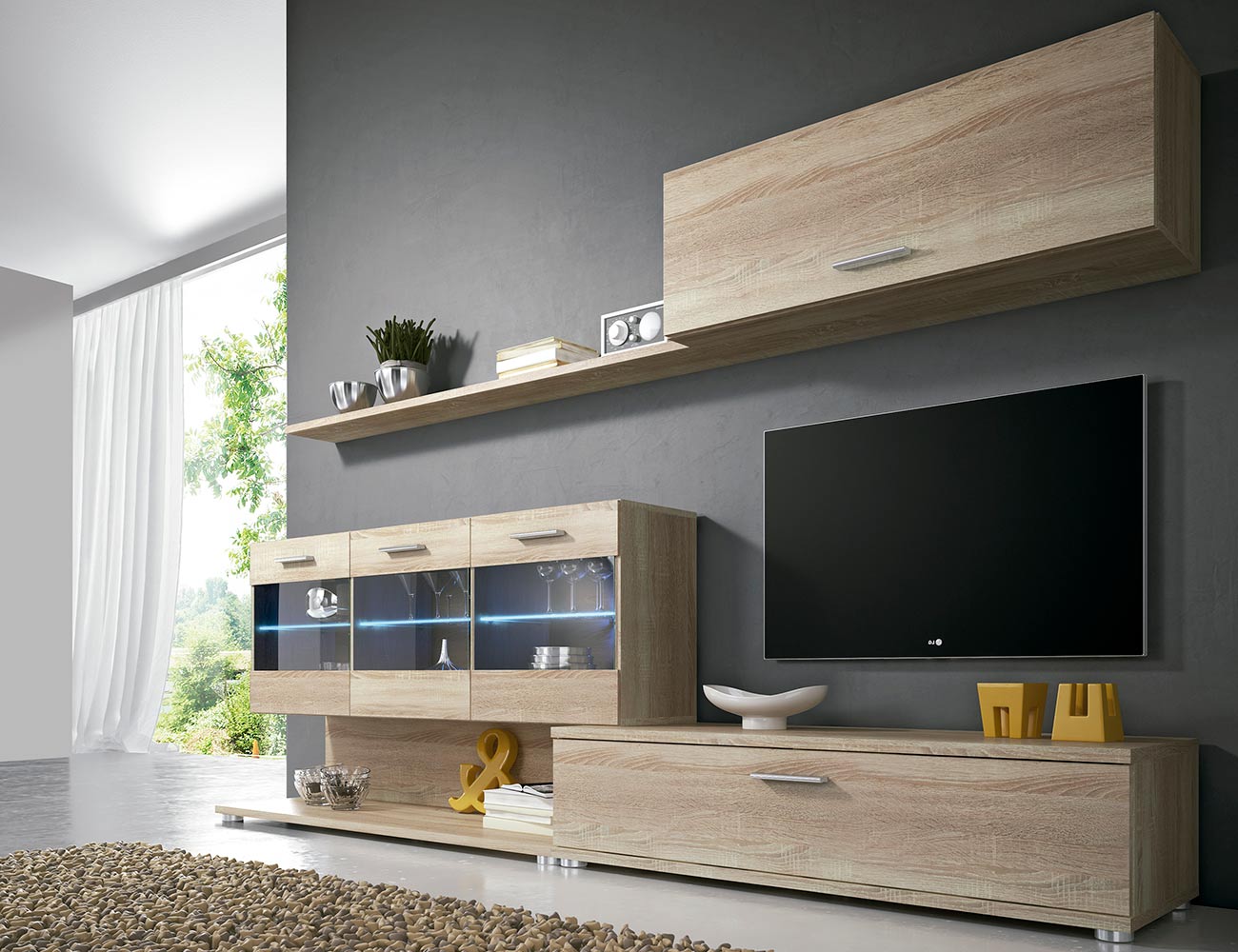 Mueble de salón estilo moderno con luces leds y de composición única ... - Mueble Salon ComeDor Luces LeDs MoDerno Vitrina Cambrian
