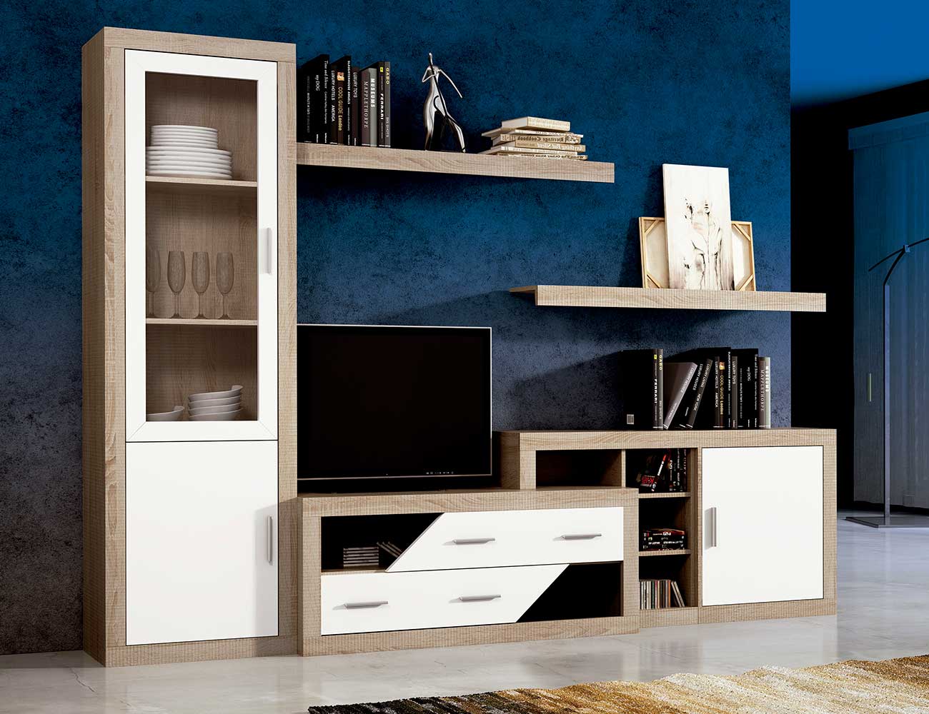 Mueble de salón estilo moderno con bodeguero color Cambrianblanco 300