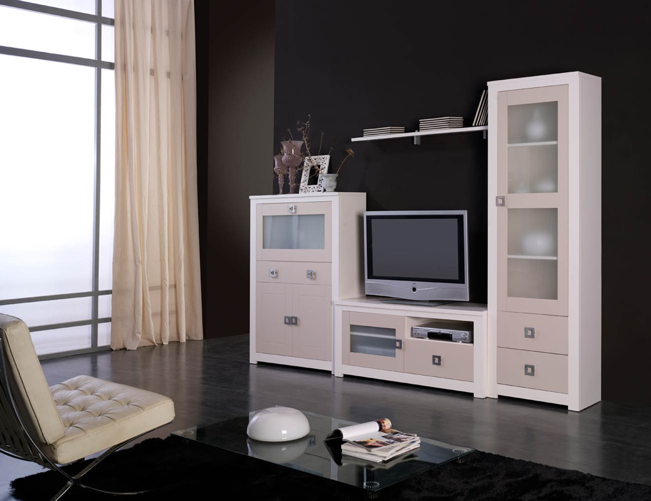 Mueble de salón modular lacado en blanco con piedra en madera Dm (7070 ... - Mueble Salon MoDular LacaDo Blanco PieDra MaDera Dm2