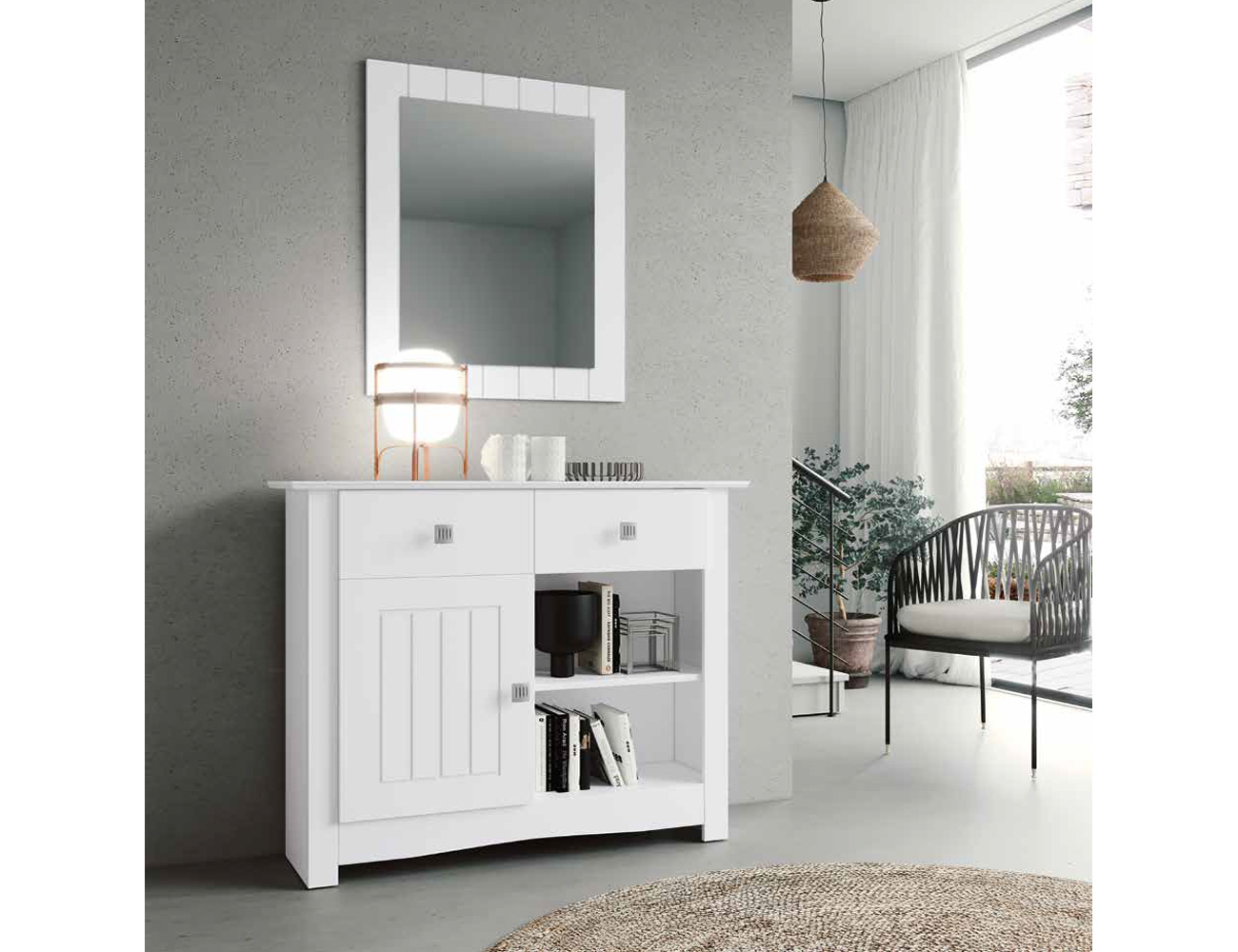 Mueble recibidor con cajón y espejo incluido blanco y roble economico