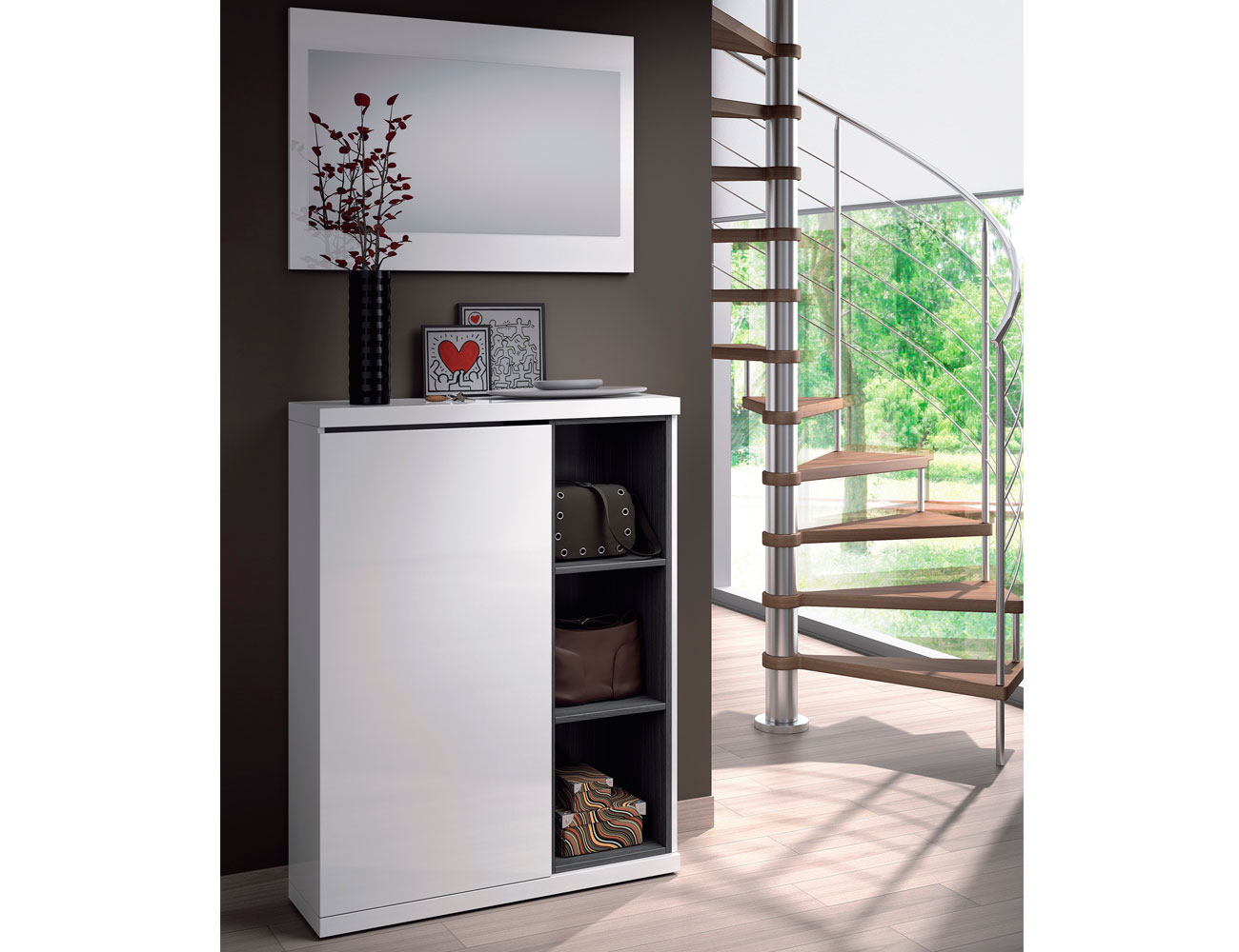 Recibidor zapatero con espejo en blanco brillo (6838) Factory del