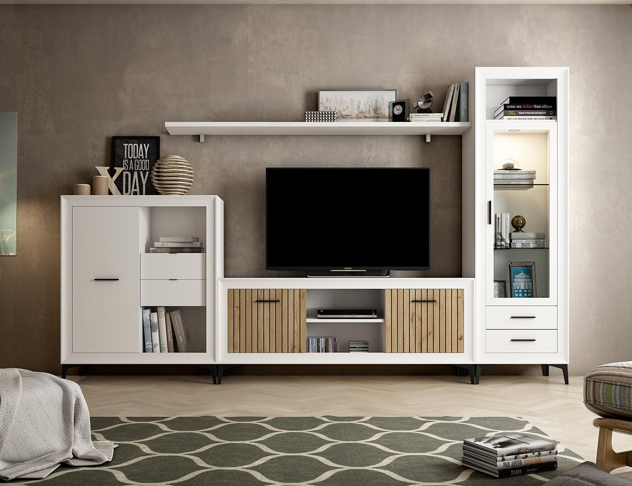 Mueble de salón de 200 cm. acabado Lacado blanco brillo y gris de estilo  nórdico urbano muy actual