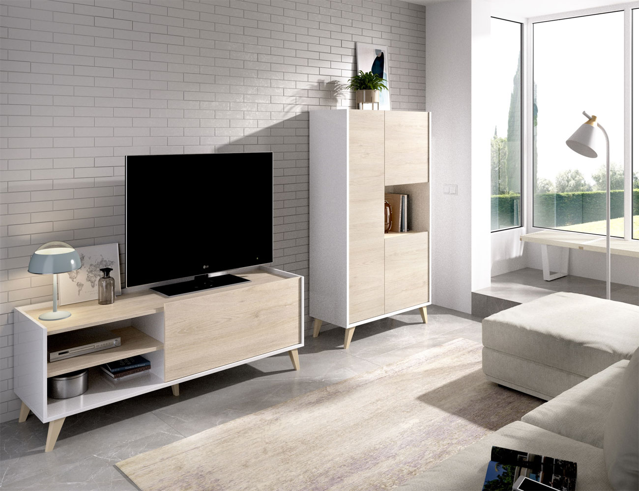 Mueble de salón de 200 cm. acabado Lacado blanco brillo y gris de estilo  nórdico urbano muy actual