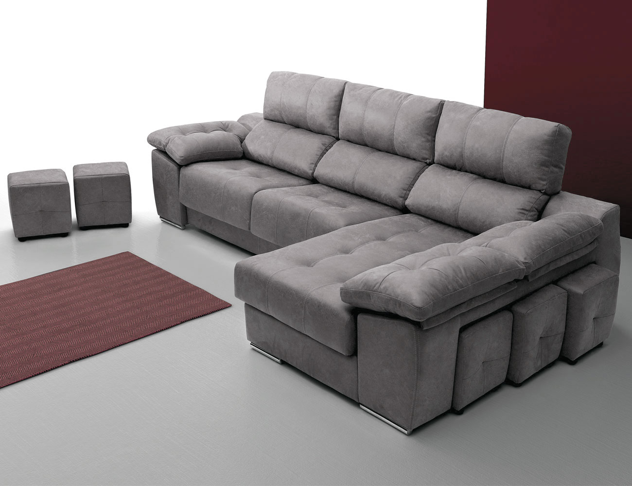 Sofá chaiselongue con 5 taburetes asientos extraíbles y respaldos