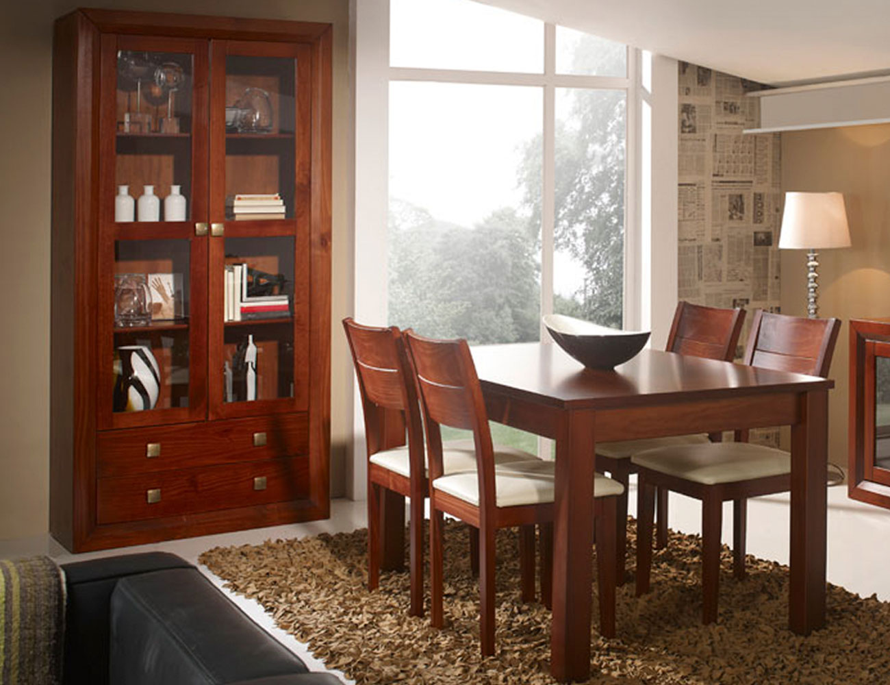 Muebles de dormitorio de matrimonio color nogal en madera Dm con cómoda