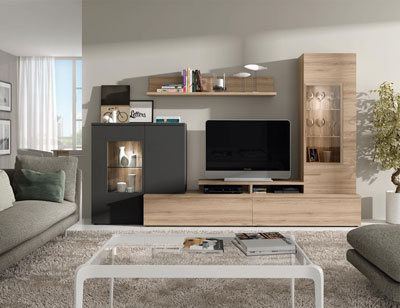 606 mueble salon comedor roble natural antracita foco leds