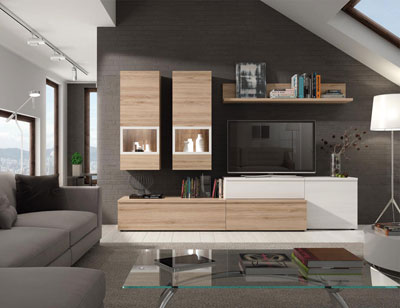 608 mueble salon comedor roble natural polar focos leds