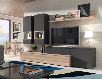 610 mueble salon comedor roble natural antracita focos leds